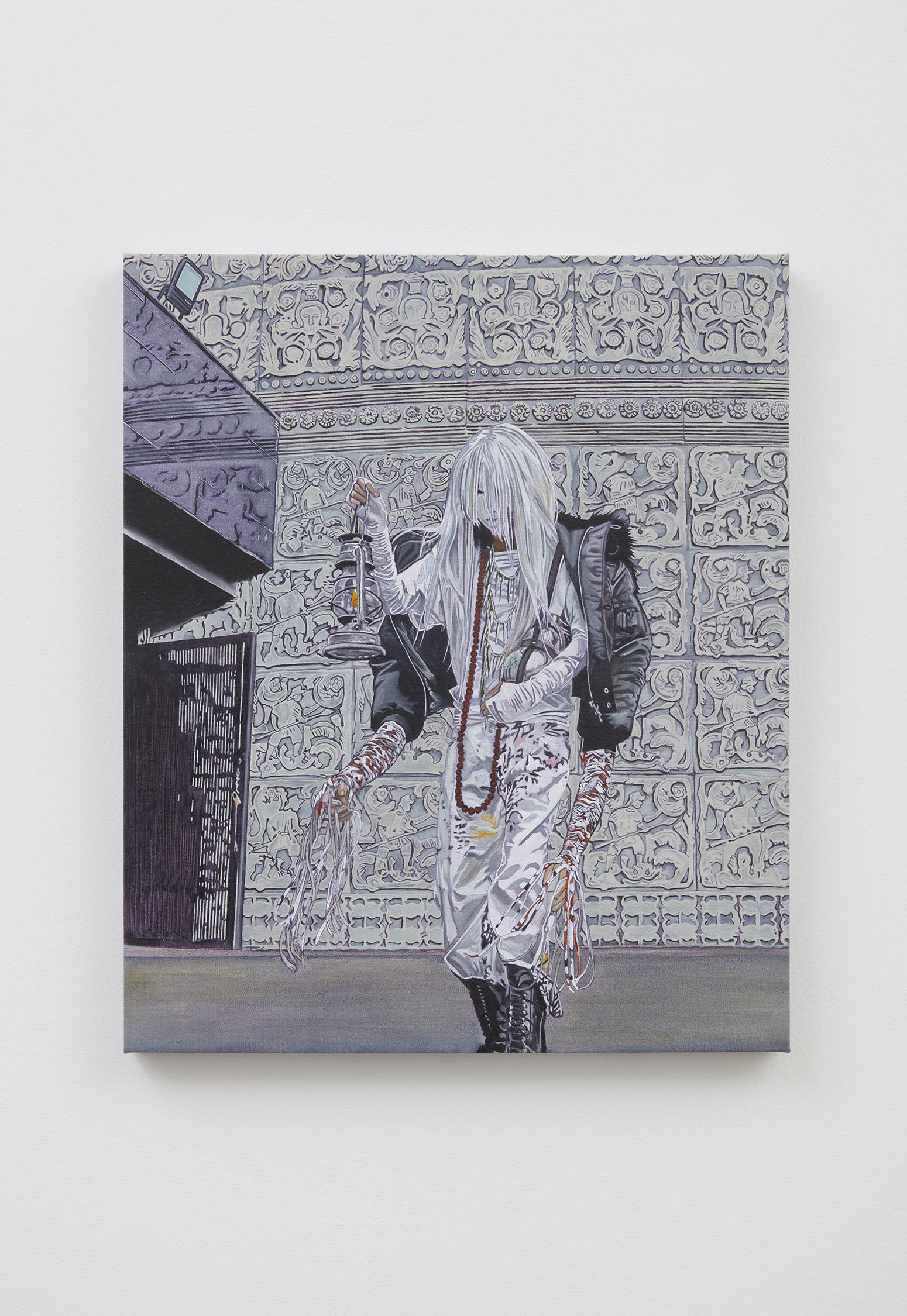 Chiki, <i>Scene II (staircase and bindle)</i>, 2025. Oil and egg tempera on linen, 23 5/8 x 19 3/4 in (60 x 50 cm)